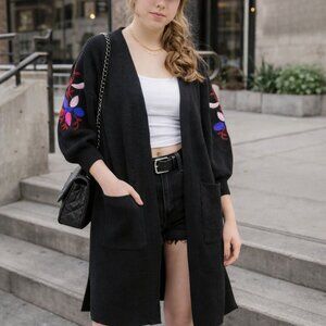 Black Long Cardigan Thick Cable Knitted With Pockets Embroidered